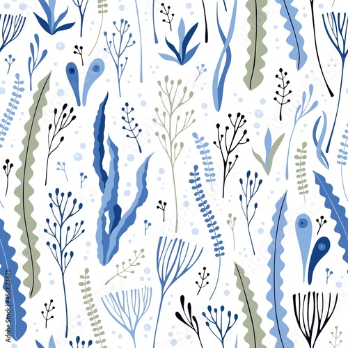 Beautiful seamless pattern with different seaweeds on white background. Print for fabric, textile, wallpaper.