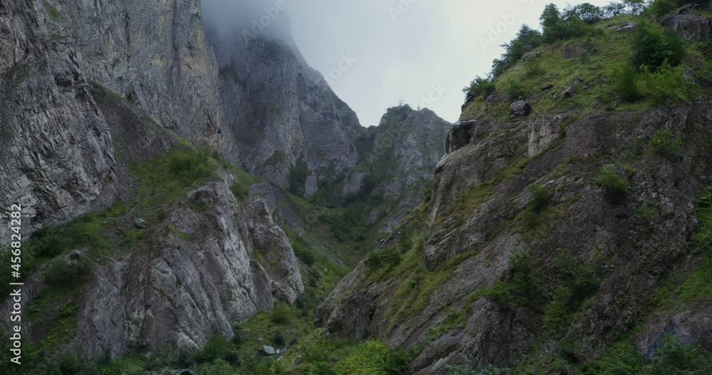 Deep cleft covered with greenery, between sheer cliffs Deep cleft covered with greenery, between sheer cliffs