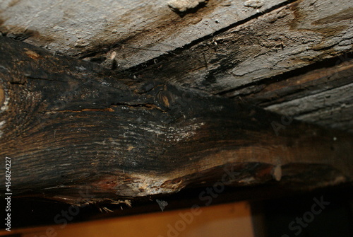 Foto Leaky roof and rotten wooden rafters.