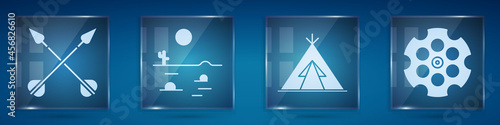 Set Crossed arrows, Desert landscape with cactus, Indian teepee or wigwam and Revolver cylinder. Square glass panels. Vector
