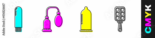Set Dildo vibrator, Penis pump, Condom and Spanking paddle icon. Vector