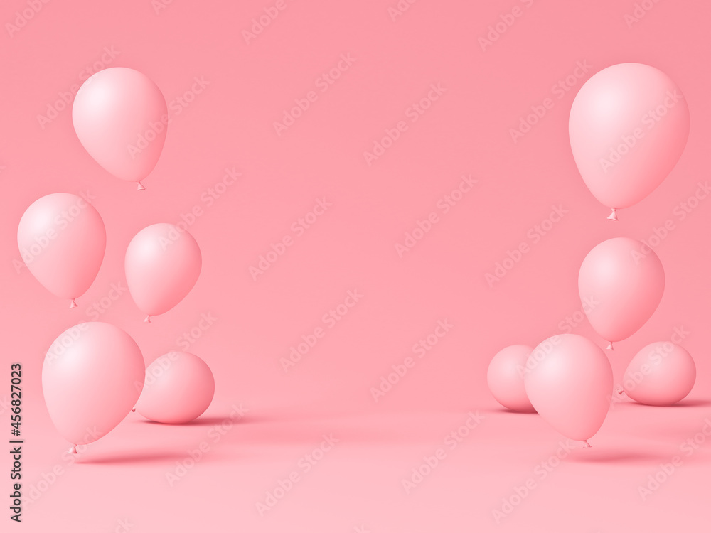 Blank pink background with pink pastel color balloons with shadows minimalism conceptual 3D rendering