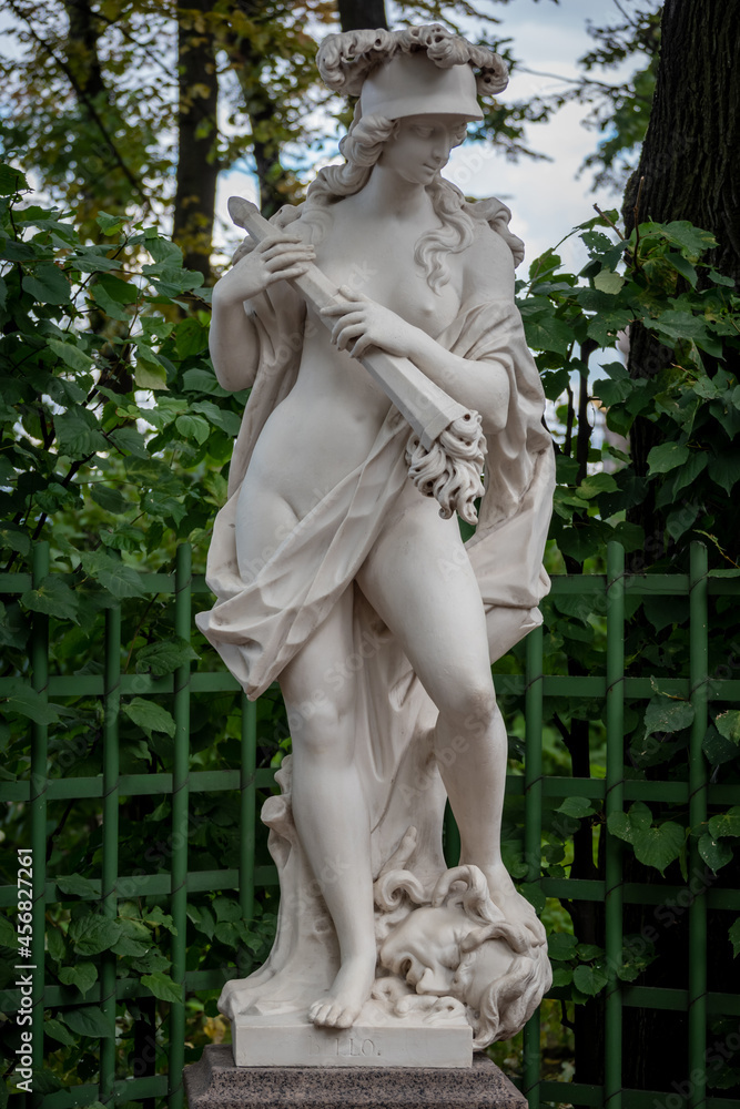 Sculpture of Roman goddess of war Bellona in Summer garden, Sankt Petersburg, Russia