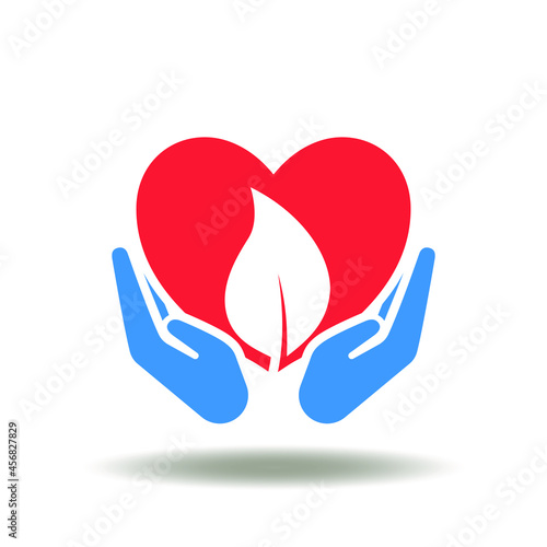 Vector illustration a caring hands with heart and leaf. ESG Environment Social Governance Symbol. Ecology Safety Earth Planet Icon.