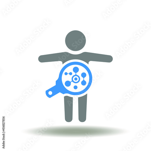 Human body with magnifier and stomach molecule vector illustration. Metabolism exam icon. Metabolic syndrome research symbol.