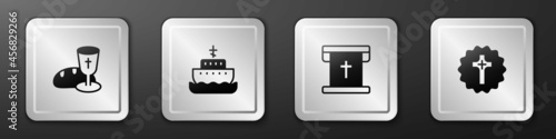 Set Goblet and bread, Ark of noah, Flag with christian cross and Christian icon. Silver square button. Vector