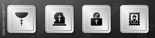 Set Christian cross on chain, Grave with tombstone, Donation for church and icon icon. Silver square button. Vector photo