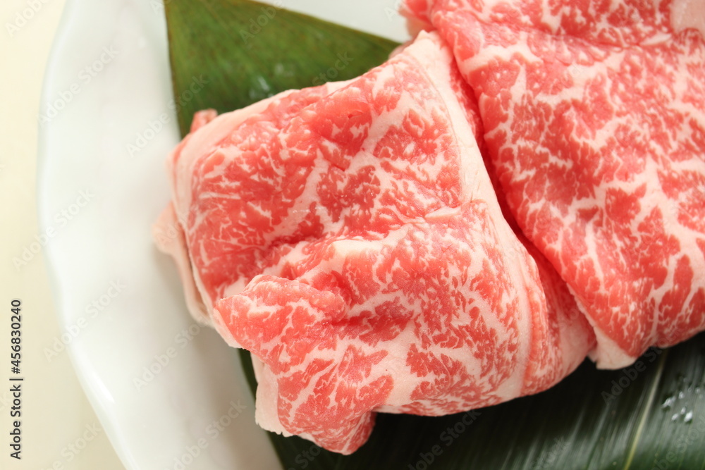 Japanese food, raw marble beef Wagyu for Sukiyaki ingredient 