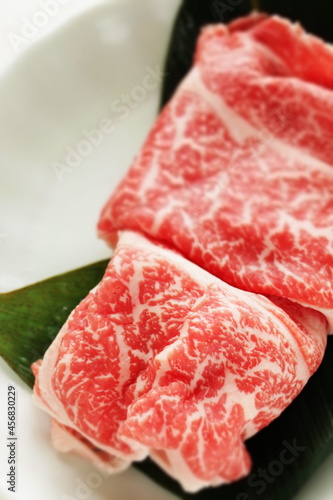 Japanese food, raw marble beef Wagyu for Sukiyaki ingredient 