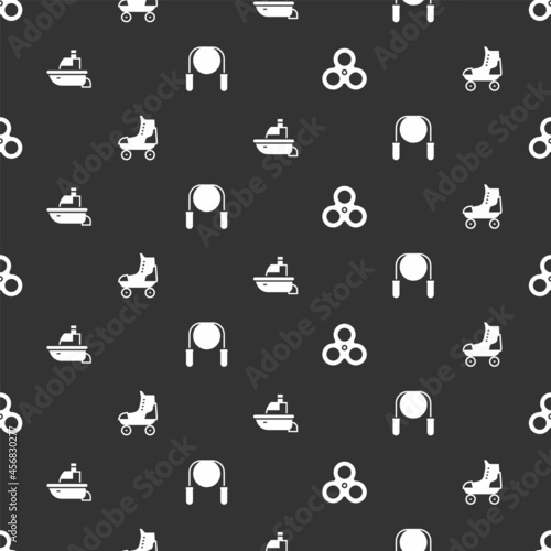 Set Fidget spinner, Roller skate, Toy boat and Jump rope on seamless pattern. Vector