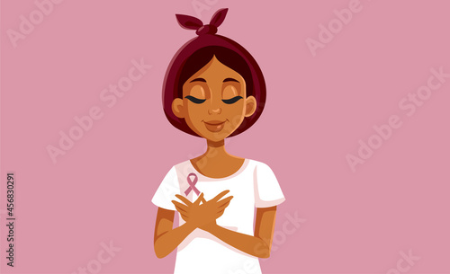 Breast Cancer Survivor Holding Pink Ribbon Symbol Vector Illustration