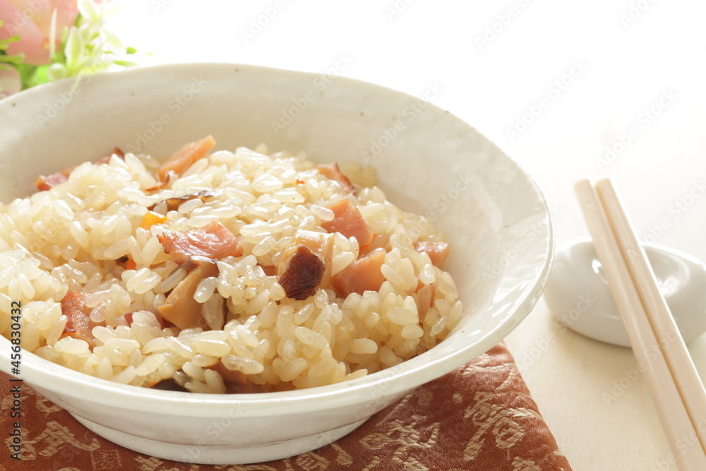 Chinese food, dried shrimp and ham in sticky rice for homemade comfort food Chinese food, dried shrimp and ham in sticky rice for homemade comfort food