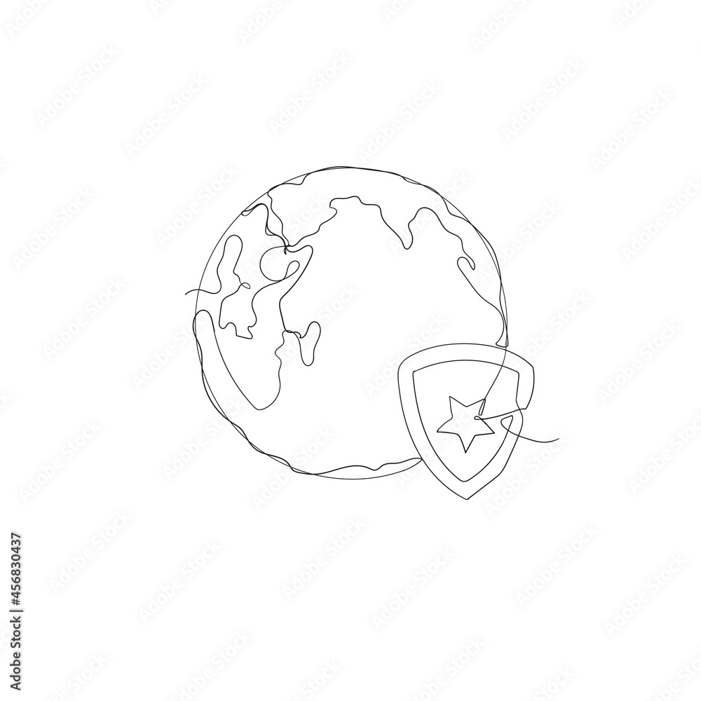continuous line drawing globe and shield icon illustration vector isolated continuous line drawing globe and shield icon illustration vector isolated
