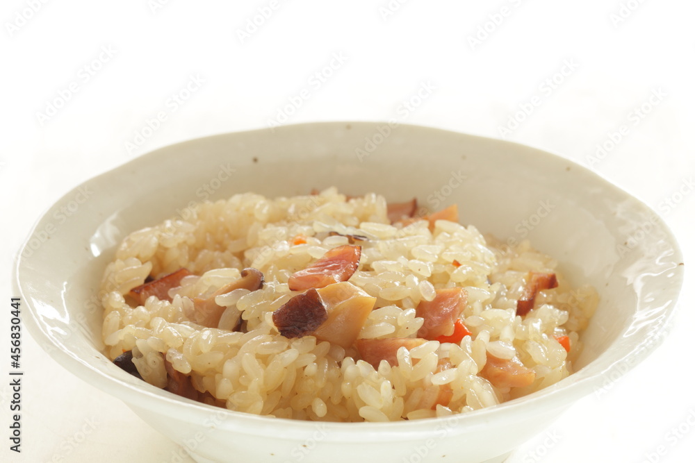 Chinese food, dried shrimp and ham in sticky rice for homemade comfort food Chinese food, dried shrimp and ham in sticky rice for homemade comfort food