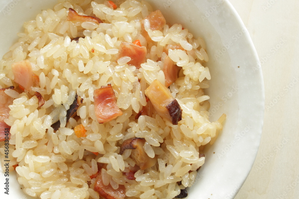 Chinese food, dried shrimp and ham in sticky rice for homemade comfort food Chinese food, dried shrimp and ham in sticky rice for homemade comfort food