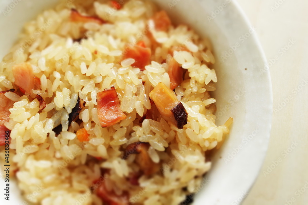 Chinese food, dried shrimp and ham in sticky rice for homemade comfort food Chinese food, dried shrimp and ham in sticky rice for homemade comfort food