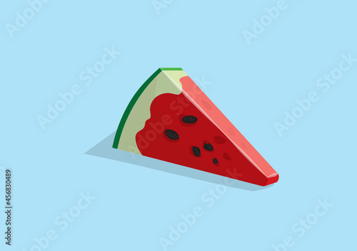 illustration of a slice of tasty, delicios, red and green watermelon with black seeds on light blue background with shadow