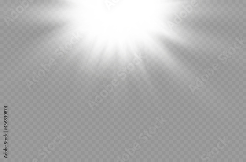 Sunlight flash, sun rays, white beam light. 