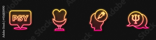 Set line Addiction to the drug, Psychology, Psi, Armchair and . Glowing neon icon. Vector