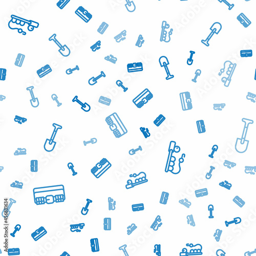 Set line Hunting cartridge belt, Fishing rod and Shovel on seamless pattern. Vector