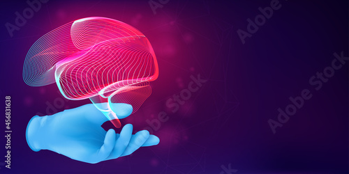 Human brain 3D silhouette on a doctor's hand in a realistic rubber glove. Anatomical medical concept with the contour of a human organ on abstract background. Vector illustration in neon lineart style