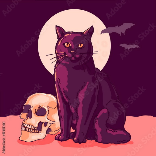 hand drawn halloween cat illustration