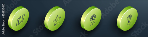 Set Isometric line Rubber flippers for swimming, Starfish, Location on the globe and Hot air balloon icon. Vector