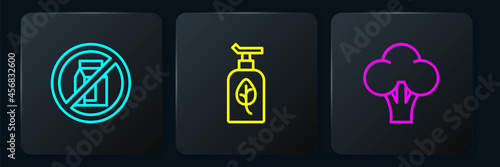Set line No pack of milk, Broccoli and Organic cosmetic. Black square button. Vector