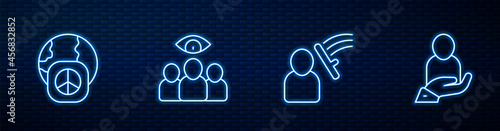 Set line Police beat human, International day of peace, Spy, agent and Life insurance in hand. Glowing neon icon on brick wall. Vector