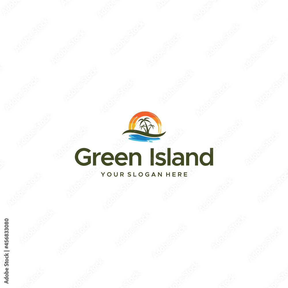 Modern Island sunset beach waves tree logo design