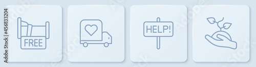 Set line Free overnight stay house, Help sign, Delivery truck with heart and Volunteer team planting trees. White square button. Vector