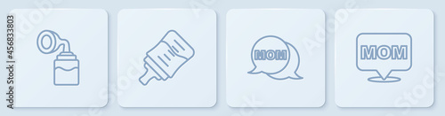 Set line Breast pump, Speech bubble mom, Baby bottle and . White square button. Vector