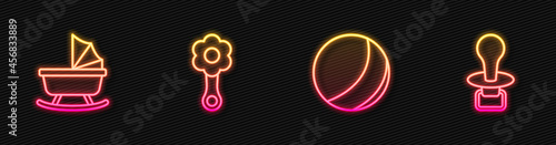 Set line Beach ball, Baby stroller, Rattle baby toy and dummy pacifier. Glowing neon icon. Vector