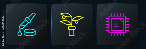 Set line Pipette, Processor CPU and Plant breeding. Black square button. Vector