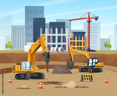 Construction site concept with excavators and material equipment cartoon illustration