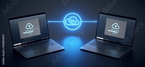 Two computers exchanging files through a cloud server.