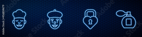 Set line Castle in the shape of heart, Cook, French mime and Perfume. Glowing neon icon on brick wall. Vector