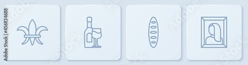 Set line Fleur De Lys, French baguette bread, Wine bottle with glass and Portrait picture museum. White square button. Vector