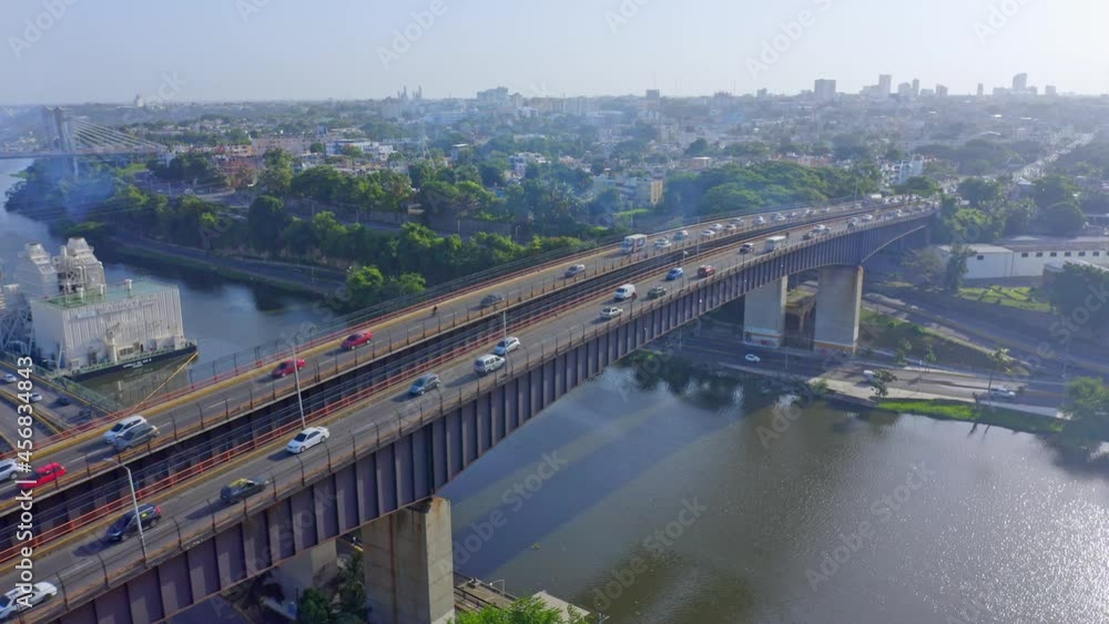Traffic passing by on Puente Ramón Matías Mella bridge in Santo Domingo, aerial Traffic passing by on Puente Ramón Matías Mella bridge in Santo Domingo, aerial