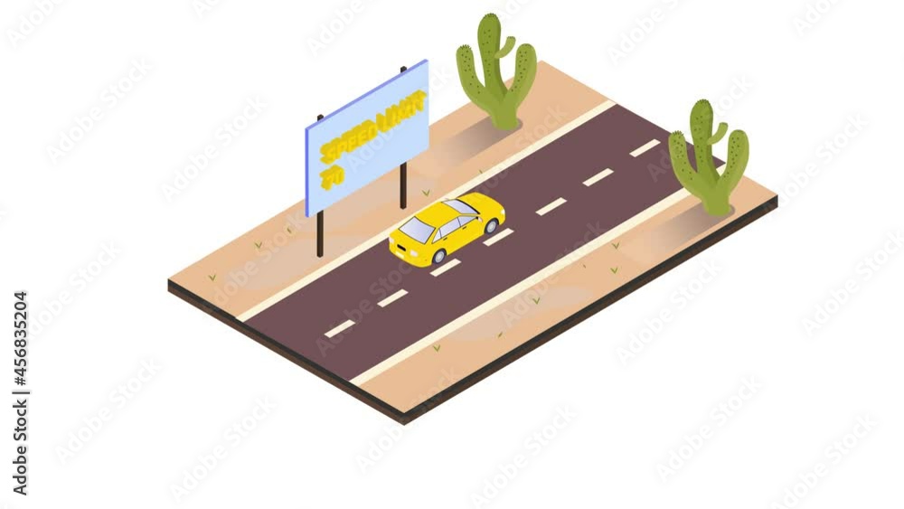 Yellow car pass on road with text of speed limit 70 Yellow car pass on road with text of speed limit 70
