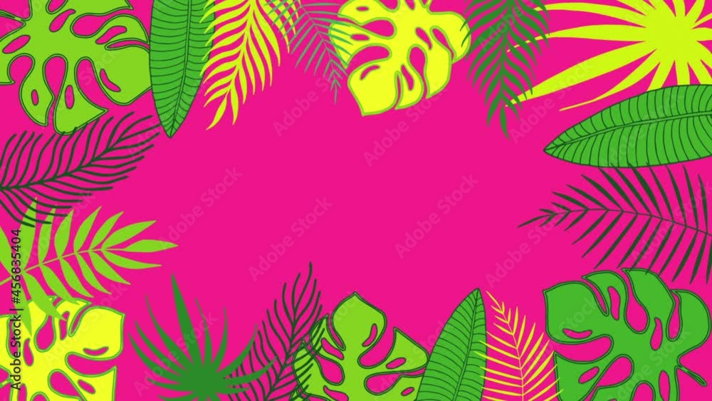 Colorful tropical leaves frame of palm tree and monstera leaves changing color on bright background. Minimal motion design animation with space for text. Colorful tropical leaves frame of palm tree and monstera leaves changing color on bright background. Minimal motion design animation with space for text.