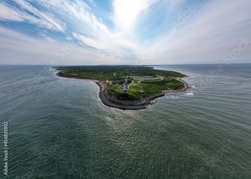 Aerial view from the ocean to the Montauk lighthouse