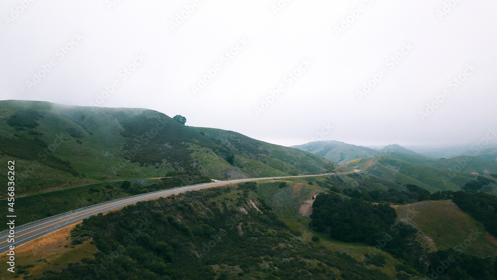 California mountains road in the fog