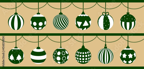 Christmas ball. Set of bauble green balls decorated with white geometric shape hanging isolated on brown background. Ornaments decoration ball. Elements for festivals. Flat design.Vector illustration.