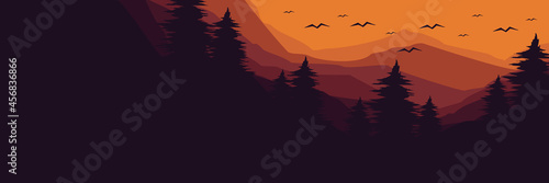 sunset in mountain forest flat design vector banner template good for web banner, ads banner, tourism banner, wallpaper, background template, and adventure design backdrop