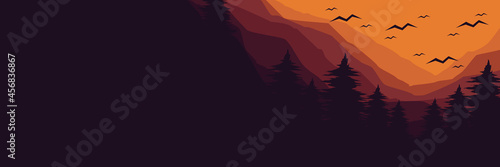 sunset in mountain forest  flat design vector banner template good for web banner, ads banner, tourism banner, wallpaper, background template, and adventure design backdrop
