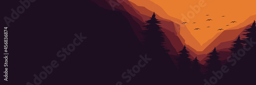 sunset in mountain forest  flat design vector banner template good for web banner, ads banner, tourism banner, wallpaper, background template, and adventure design backdrop