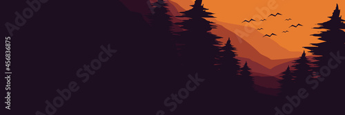 sunset in mountain forest  flat design vector banner template good for web banner, ads banner, tourism banner, wallpaper, background template, and adventure design backdrop