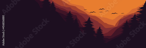 sunset in mountain forest  flat design vector banner template good for web banner, ads banner, tourism banner, wallpaper, background template, and adventure design backdrop