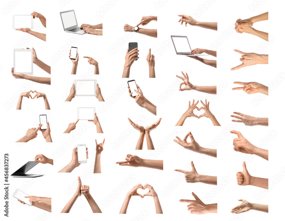 Set of human hands on white background
